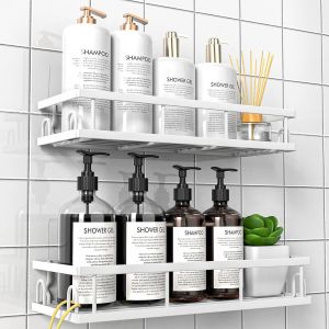 Etag&egrave;re Douche sans Percage, Rangement et Organisation de la Salle de Bain, Etagere Rangement Murale (Blanc- 2 Pi&egrave;ces) - Neuf