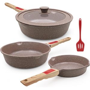 Jexnovashop-Set De 5 Po&ecirc;les En C&eacute;ramique, Po&ecirc;le Avec Couvercle 20/24/28 Cm Rev&ecirc;tement C&eacute;ramique Antiadh&eacute;sif Set De Po&ecirc;les &Agrave; Frire Avec Poign&eacute;e Amovible, Four Et Lave-Vaisselle- Marron - Neuf