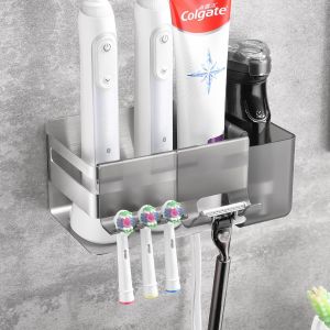 Porte Brosse à Dents Mural avec 3 Accessoires,Support Brosse a Dent Electrique,Support Brosse a Dent Rangement,Acier Inoxydable SUS304 Pot Brosse à Dent Salle De Bain,Argenté - Neuf