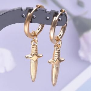 S1123-G - Boucles D'oreilles Punk Croix Épée Pendentif,Cerceaux En Acier Inoxydable Pour Femmes Et Hommes,Accessoires Non Ternissants,Bijoux Vintage,Cadeau Arete - Neuf