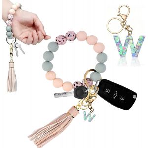 Kal-Porte-Cl&eacute;s Fille Avec Initiales, Porte-Cl&eacute;s Pour Femme, Bracelet Pour Femme, Porte-Cl&eacute;s De Voiture, Perles En Silicone, Cha&icirc;ne De Cl&eacute;s Pour Femme - Neuf