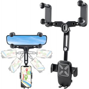 Support de t&eacute;l&eacute;phone pour r&eacute;troviseur de voiture - R&eacute;troviseur rotatif &agrave; 360&deg; et r&eacute;tractable - Support universel pour tous les smartphones - Neuf