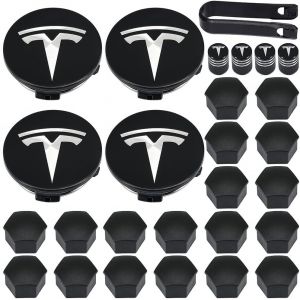 Kit de 4 enjoliveurs de roue Aero pour Tesla Model 3, Model Y, Model S, Model X, logo argenté, avec 20 bouchons à vis et 4 bouchons de valve - Neuf