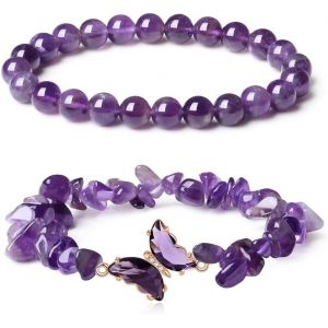 Eryi-2 Pcs Bracelet Femme 8mm Pierres Bracelet Améthyste Et Bracelet Irrégulier En Pierre Papillon Bracelet En Cristal Elastique Bracelet Bijoux Cadeaux Pour Femmes Et Filles - Neuf
