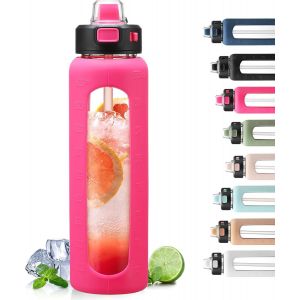 Eryi-900ml Bouteille D'eau En Verre Avec Poignée Et Paille Bouteille D'hydratation Avec Manchon En Silicone Et Marquage Du Temps Gourde De Motivation Pour Gym Sport Extérieur Anti-Fuite, Rouge - Neuf