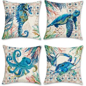 Cauc-Lot De 4 Housse De Coussin 45 X 45 Cm Tortue De Mer Oc&eacute;an Hippocampe Poulpe Crabe Corail Polyester Lin D&eacute;coratif Taie D'oreiller Pour Canap&eacute; Lits Chaises Voiture Salon Maison D&eacute;cor - Neuf