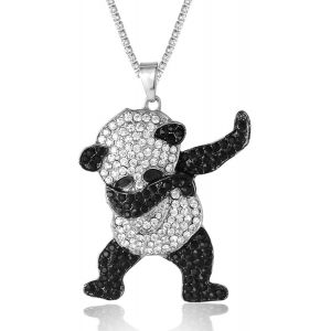Kal-Chaîne En Or Homme Iced Out,Platine Or Blanc Panda Dansant Pendentif Collier,Plein Cz Lab Diamants Set Prong,Avec Chaîne De Tennis Bébé 50cm,Coffret Cadeau Gratuit - Neuf