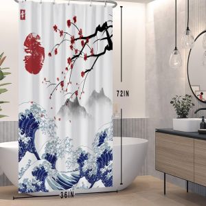 KALANKA-90x180cm Rideau de douche japonais du mont Fuji Cherry Blossom Sunset Asian Bath Rideau de bain de peinture de paysage de vague pour la d&eacute;coration de salle de bains - Neuf