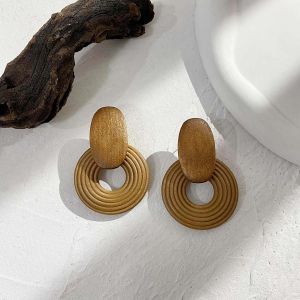 A993960e-001 - Boucles D'oreilles Géométriques Vintage En Bois Pour Femmes,Faites À La Main,Couleur Marron,En Forme De Feuille,Cercle Rond,Bijoux 2022 - Neuf