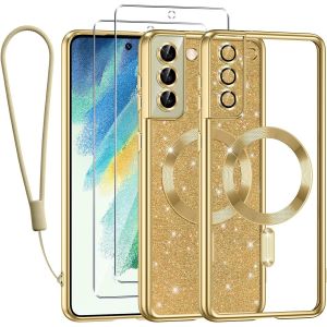 SJZG-Glitter Magn&eacute;tique Pour Samsung Galaxy S21 Fe 5G Con Cordon, [Compatible Avec Magsafe] Antichoc Brillant Paillet&eacute; Housse Souple Couqe Pour Samsung S21 Fe Avec 2 Pi&egrave;ces Verre Tremp&eacute; &Eacute;tui, Or - Neuf