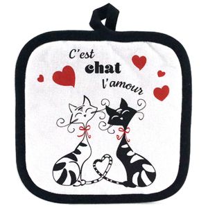Promotion ! Manique Coton 'chats' Noir Rouge Blanc (C'est Chat L'amour) - 20x20 Cm - Neuf