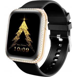 Kal-Montre Connectée Femme, 1,75"" Amoled Smartwatch Etanche Ip68 Pour Android Ios Avec 130+ Sport Podometre Cardiofrequencemetre Oxymetre Notification Sms/Appel (Bracelet Noir+Montre Dorée) - Neuf