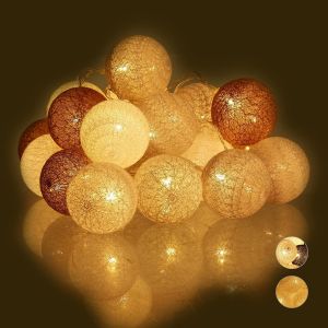 10024371_880 Guirlande Lumineuse Led,20 Boules De Coton,Fonction À Piles,Lumières D`Ambiance,Sphères Ø6 Cm,Blanc Gris Marron,Polystyrène,160 Cm - Neuf