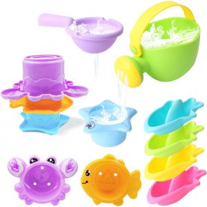 TDRFL-Jouets De Bain Pour Bébé Garçon Et Fille De 1,2 Et 3 Ans,9 Pièces Jouets D'Eau Pour Piscine,Gobelets Empilables Sans Moisissure,Arrosoir,Bateaux De Bain,Cadeau Pour Tout-Petits - Neuf