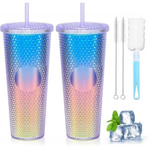 Tianyi-Gobelet Clout&eacute; Avec Couvercle Et Paille 710 Ml, 2 Pcs Tasse Froide En Plastique &Agrave; Double Paroi Pour Caf&eacute; Glac&eacute;, Tasse Isotherme &Agrave; Double Paroi Avec Paille, Pour Cafe Glac&eacute;, Eau - Neuf