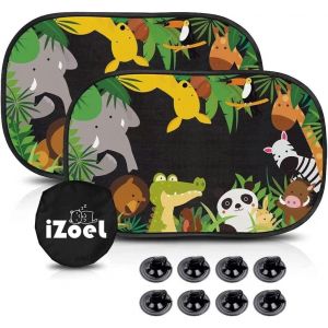 Kal-Pare Soleil Voiture B&eacute;b&eacute; Enfant, 2 Pcs Pare Brise Vitres Lat&eacute;rales, Motif El&eacute;phant Crocodile Animal, Auto Adh&eacute;sifs, 8 Ventouses, Sac Rangement, 51 X 31 Cm, Universelle - Protection Solaire Et Uv - Neuf