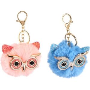 2 Pièces Owl Pendentif Trousseau Owl Pendentif Vêtement Pompon Voiture Trousseau de clés pour les Femmes Trousseau de Peluche Animal Keychain Sac de Billes de Laine Élégant pour Femmes - Neuf