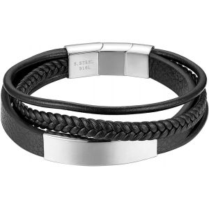 Kal-Bracelet Tressé Cuir Noir Personnalisé Pour Homme Plaque Graver Bracelet Manchette Ajustable À La Mode Multi-Rangs Fermoir Magnétique Fantaisie Cadeaux Anniversaire Noël - Neuf