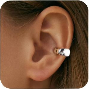 Kal-Manchette D'oreille Épaisses Pour Femme, Boucles D'oreilles Sans Trou Larges En Acier Inoxydable, Chunky Ear Cuff Non Piercing Cartilage Réglables, Or/Argent - Neuf