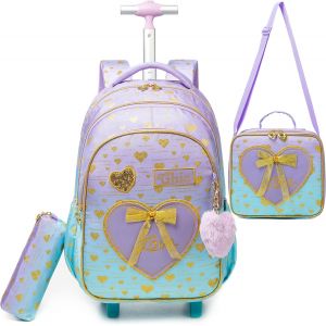 KALSC-Cartable Fille Primaire Roulette Cp,Cartable Primaire Sac Trolley Avec Sac Repas Trousse À Crayons Sac À Dos À Roulette Cartable Fille Cm1 - Neuf