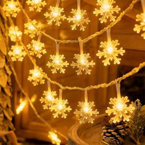 TRAHOO-Guirlande Lumineuse Noel, 2 Pi&egrave;ces 6M 40 LED Lumi&egrave;res de Flocon de Neige Blanc Chaud, Guirlande Lumineuse &agrave; Piles pour D&eacute;coration Sapin de No&euml;l, Table, Int&eacute;rieur et Ext&eacute;rieur - Neuf