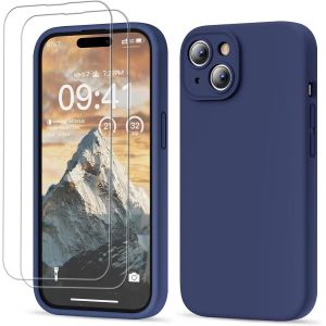 3 En 1 Coque Iphone 15 Silicone Liquide - Avec 2 Verre Trempé - Étui Protection Précise De Caméra [Résistant Aux Rayures] [Antidérapant] Iphone 15 Case 6.1"", Bleu Marine.[S4492] - Neuf