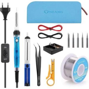 Fer a Souder Kit, ONEAMG 60W, Electrique, Temperature Reglable avec Interrupteur ONOFF, Station de Soudage avec 5PCS Conseils, Pomp - Neuf