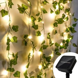 AIOU-Lierre Artificiel Guirlande Lumineuse Solaire,Guirlande Lumineuse Solaire,10M 100 Leds Guirlande Solaire Extérieure Avec Feuilles 8 Modes Étanche Lumiere,Pr Jardin,Fête De Mariage Noël Décorat - Neuf