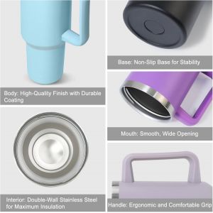 Mug Isotherme Avec Paille, 1200ml Gourde Isotherme Avec Couvercle Multifonction, Tasse En Acier Inoxydable, Gobelet Caf&eacute; &Agrave; Emporter Avec Poign&eacute;e, Thermo Tumbler (Rose Vif) - Neuf