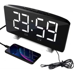 Radio-r&eacute;veil pour Chambre &agrave; Coucher avec Deux Ports Charge USB 4 Modes Gradation &Eacute;cran LED 7,3 '' Mode 12/24 Heures Fonction Snooze Blanc - Neuf