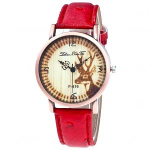 Zhoulianfa Deer Motif Rond Cadran Pu Bracelet En Cuir Casual Montre Pour Femme (Rouge) - Neuf