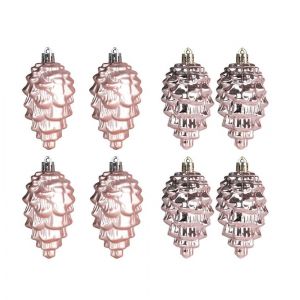 Lot de 8 décorations de Noël en or rose, breloques de 9 cm, boules de Noël brillantes et mates, pommes de pin en plastique - Neuf