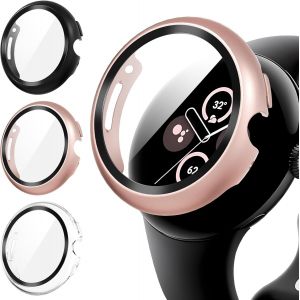 CAUC-3 Pi&egrave;ces Coque pour Google Pixel Watch 3/2/1 41mm Protection &Eacute;cran,Dur PC Mat&eacute;riel Case Ultra Mince Verre Tremp&eacute; &Eacute;cran,Noir&Or Rose&Transparent - Neuf