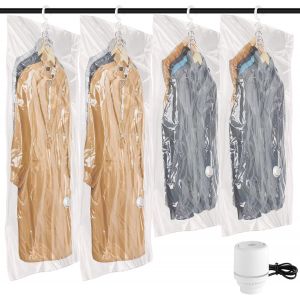 GUWH-Sac Sous Vide Vetement Aspirateur Avec Pompe &Eacute;lectrique, Lot De 4 Sacs De Rangement Suspendu Pour V&ecirc;tements Sous Vide,Rangements V&ecirc;tements Pour Placards Et Penderie,Transparent R&eacute;utilisable - Neuf