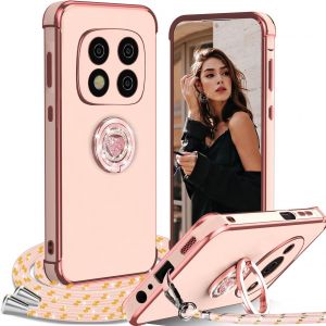 Kal-Coque Avec Cordon Pour Xiaomi Redmi Note 14 Pro+ Plus 5g, Avec Anneau De Support Coeur, Étui Housse Antichoc Souple Silicone Tpu Bumper Portable Protection Case Avec Amovible Collier, Rose - Neuf