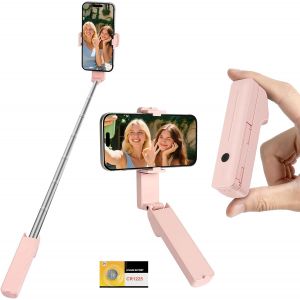 JGD-70CM Mini Extensible Perche Selfie, Selfie Smartphone Bluetooth avec T&eacute;l&eacute;commande, Perche &agrave; Selfie Rotatif Portable de Poche pour iPhone, Samsung et Android (Rose) - Neuf