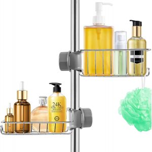 Etagere Douche sans Percage 2pcs, &Eacute;tag&egrave;re de Douche &agrave; Suspendre INOX, Accessoire Salle de Bain Antirouille, Rangement et Organisation de La Salle de Bain Support Savon Gel pour Tringle 18-27mm - Neuf