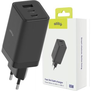 Lbgwp60-Chargeur 2xusb-C 1xusb-A Gan 65w Chargeur Rapide 3 Ports Pd Atc-01-65wacc Bloc D'alimentation Compact Adaptateur Secteur Noir - Neuf