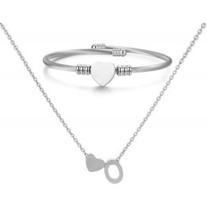 Kal-Collier Pendentif Lettre Initiale Personnalisée Femme Collier Initiale Coeur Bracelet Coeur Ouvert Ajustable Bracelet De Manchette En Acier Inoxydable A-Z Pendentif Collier Femmes Filles - Neuf