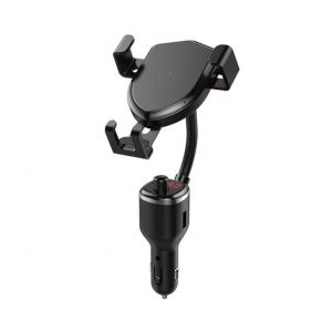 Chargeur de voiture sans fil Qi et support de t&eacute;l&eacute;phone avec transmetteur FM, charge rapide 10 W, ventouse r&eacute;glable - Neuf