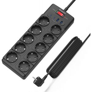 multiprise 10 prises, 2 USB-C et 2 USB-A ports, interrupteur, 4000W/16A, 1050 J, parafoudre, c&acirc;ble d'extension 5 m, noir - Neuf
