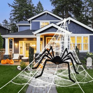 CAUC-Halloween Deco Filet Araign&eacute;e Set de D&eacute;coration 5M Toile D'araign&eacute;e, 125cm G&eacute;ante Araign&eacute;e & 20 Mini Araign&eacute;e, Toiles D'araign&eacute;e en Plein Air Halloween D&eacute;coration de F&ecirc;te Jardin (Noir) - Neuf