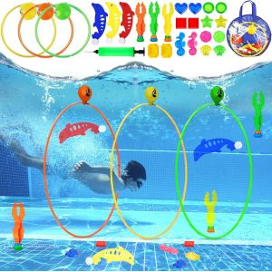 KAL-27Pcs Jouets De Plongée,Jeux Piscine Enfant,Jouet Sous Eau Piscine Été Inclure 3 Anneaux De Plongée,Dauphin,Sac De Rangement,Algues, Cadeaux Garçon Fille 5-12 Ans - Neuf