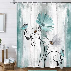 Rideau de douche rustique, motif marguerites et papillons sur fond bleu turquoise, pour salle de bain, 178 x 178 cm - Neuf