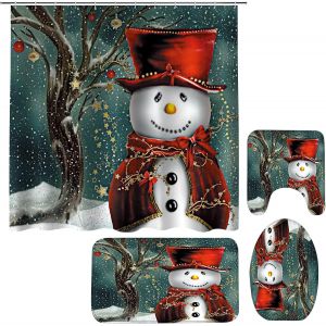 4 pi&egrave;ces de No&euml;l Rideau de Douche Fixe avec anti-D&eacute;rapant Tapis Couvercle des Toilettes Couverture et Tapis de Bain Santa Claus Rideaux de Douche Imperm&eacute;able &agrave; l'eau D&eacute;cor de salle de Bains Cadeaux - Neuf