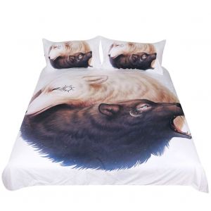 Hjlian Parure De Lit 3 Pieces Avec Housse De Couette Et Taies D'oreiller A Motif Loup Double (Au Double) - Neuf