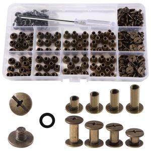 100 Set M5 x 5/8/10/12 mm Chicago Vis Assortiment Kit,4 Tailles Kit de Rivets pour Cuir Cruciforme avec Tournevis,pour DIY,Décoration de Cuir,Réparation de Reliure,Bronze - Neuf