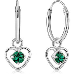 Kal-&reg; Boucles D'oreilles Petites Cr&eacute;oles En Argent Fin 925 Et Pendentif Coeur Avec 3 Mm Cristaux De Swarovski&reg; Elements Ronds - &Eacute;paisseur 1.5 Mm - Diam&egrave;tre: 14 Mm - Choix De Diff&eacute;rentes Couleurs - Neuf