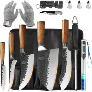 Set De Couteaux De Chef Japonais,Set De Couteaux De Cuisine Avec Étui,Couteau De Chef En Acier Inoxydable À Haute Teneur En Carbone,Manche En Acajou (11 Pcs) - Neuf