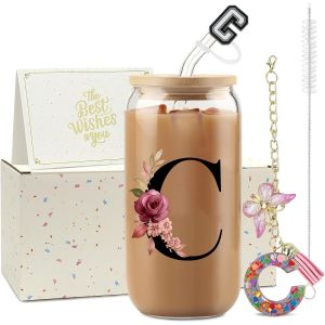 A-Z Lettre Verre Avec Paille 500 Ml Verre Matcha Avec Couvercle Cadeau Femme Id&eacute;al Cadeau Femme Anniversaire No&euml;l Ou Saint-Valentin Pour &Eacute;pouse M&egrave;re Ou Couple (C) - Neuf